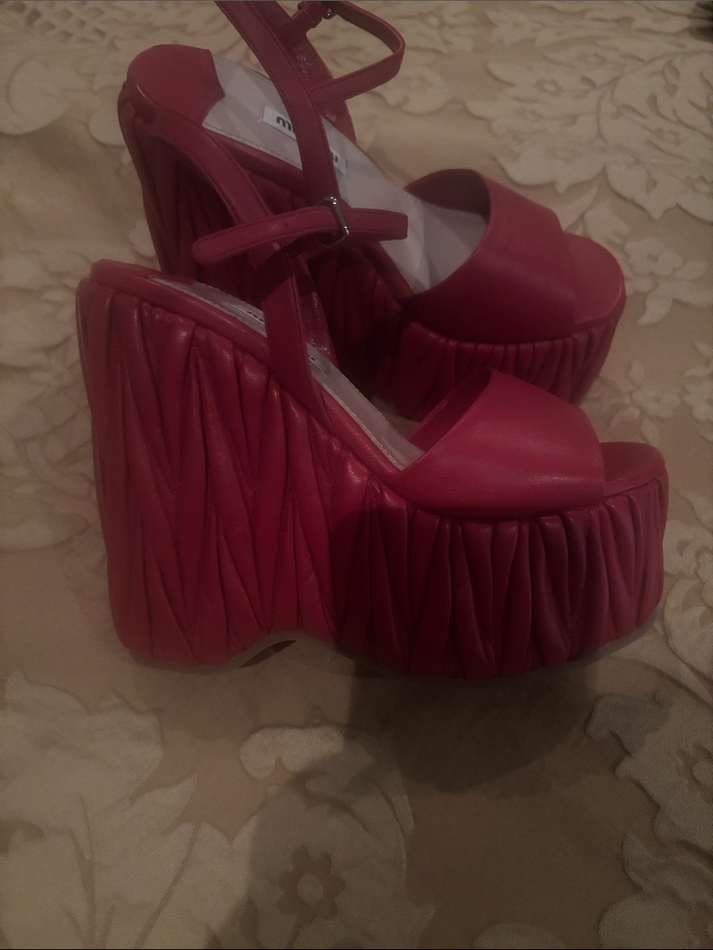 Miu Miu Red Leather Platform Sandals - Picture 2 of 5